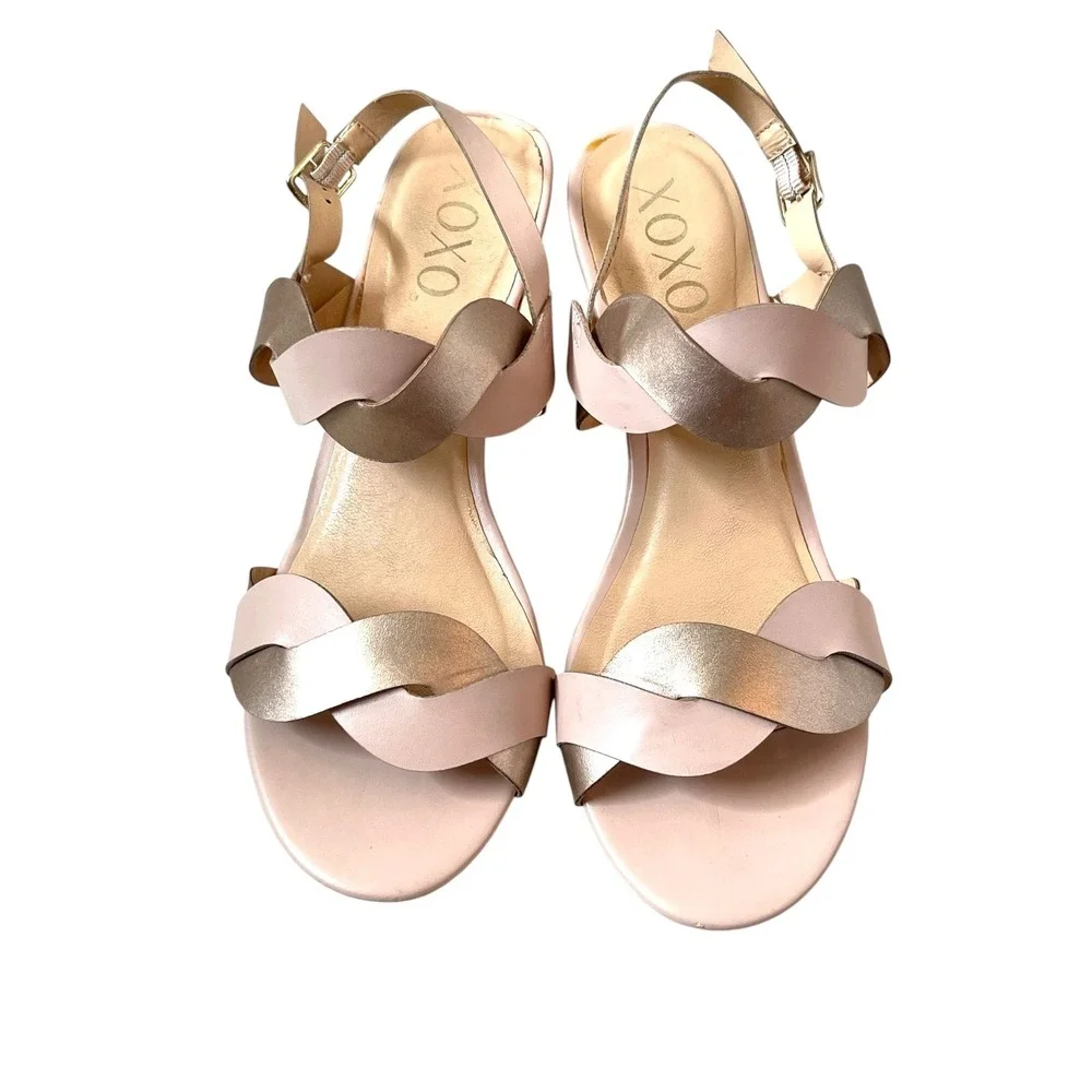 XOXO Women Pink Seaford-C Wedge Sandal 7.5 Metallic Gold Twisted Strap Cork Heel